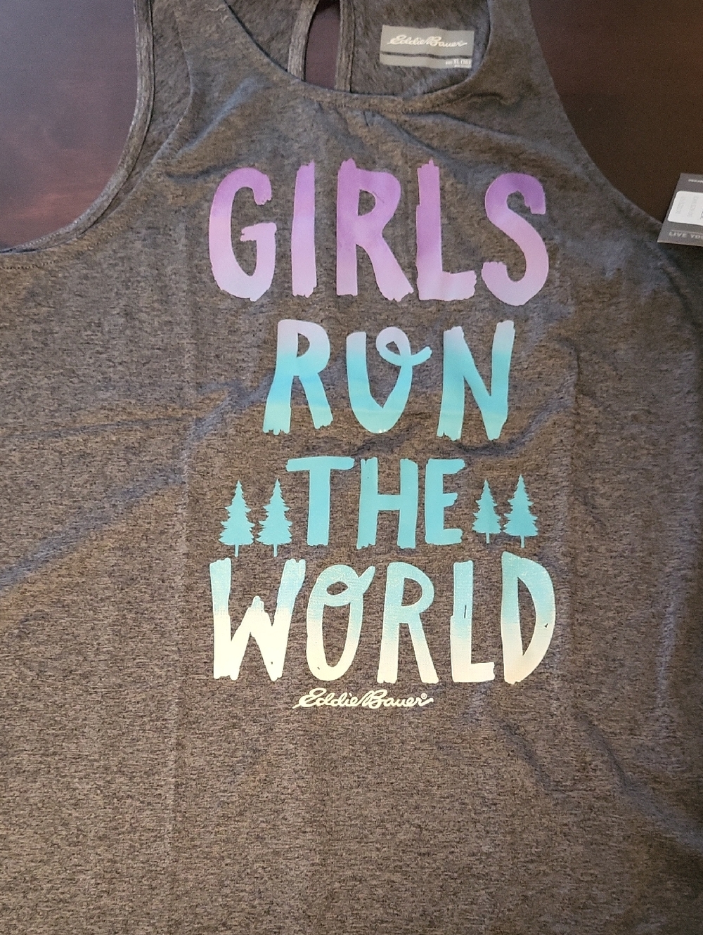 Eddie Bauer Gray Racerback Tank with Purple-to-Teal Gradient Text